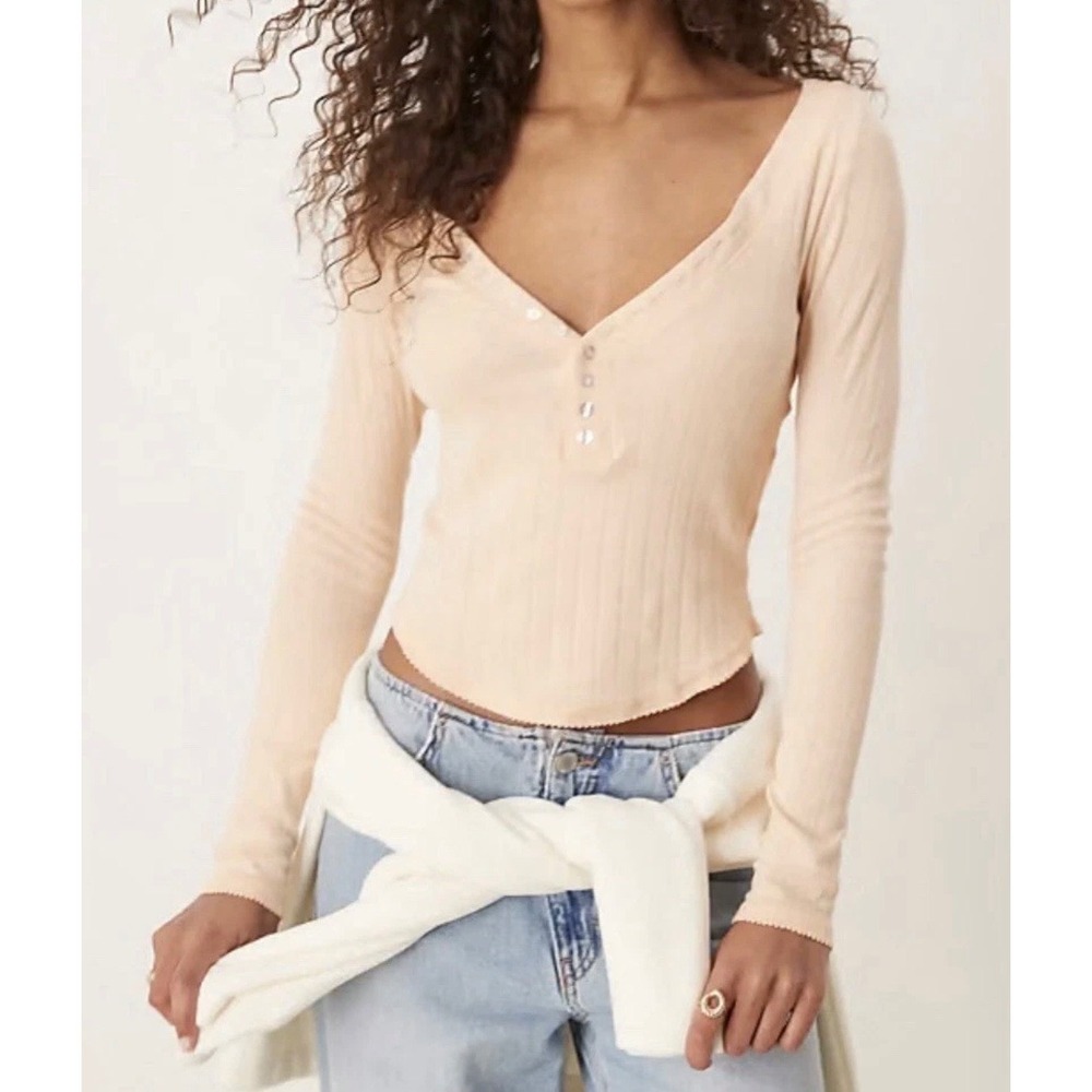 Intimately Free People Ribbed Henley Long Sleeve Top Peach Pink Size L READ